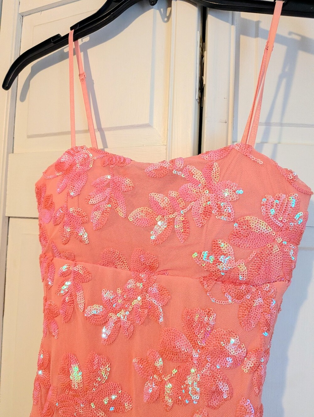Emerald Sundae Coral Pink Sequin Floral Prom Dress